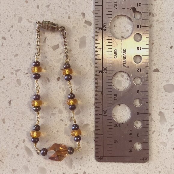 Handmade Beaded Bracelet – Crystal & Pearl Accents, Gold-Tone Chain - Picture 2 of 5